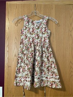 Girls Cream Floral Cotton Sundress with Pink Rose Print